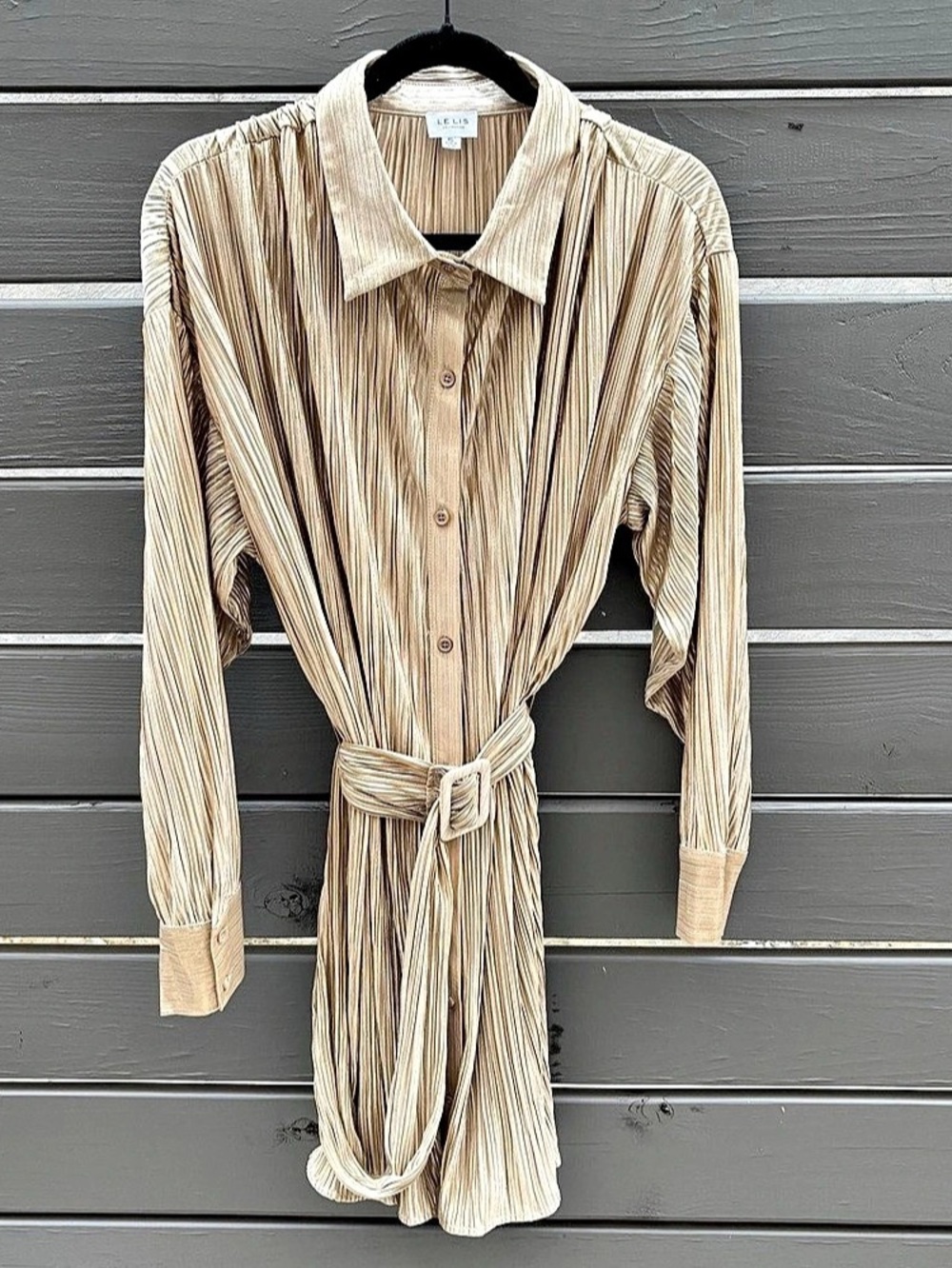 Lelis Gold Metallic Pleated Shirt Dress XL Belted Disco 70s Party Cocktail EUC